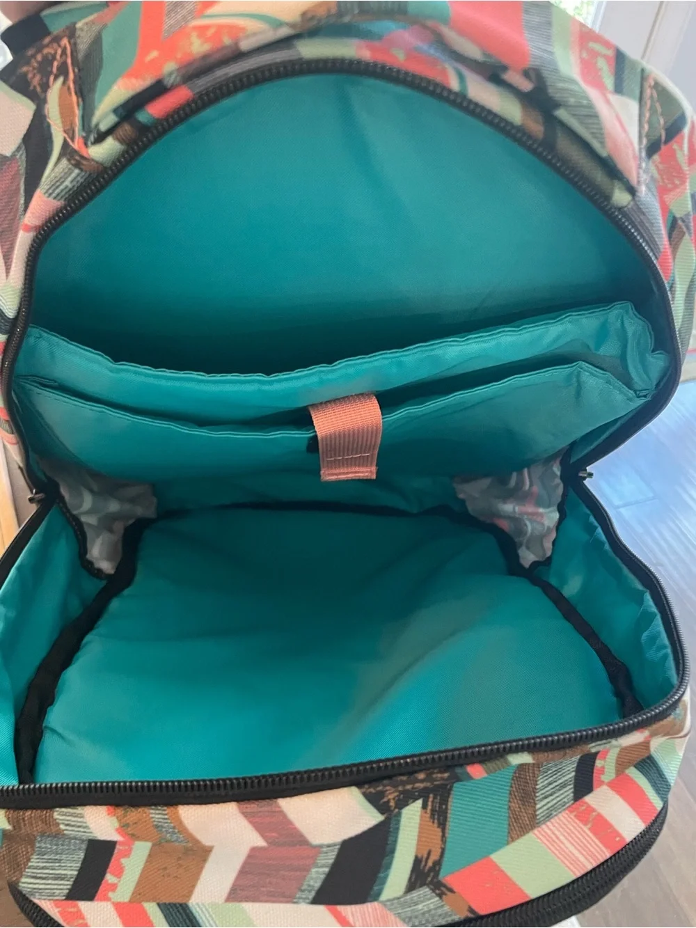 Kavu Multicolor Chevron Backpack in Teal, Coral, White, Brown